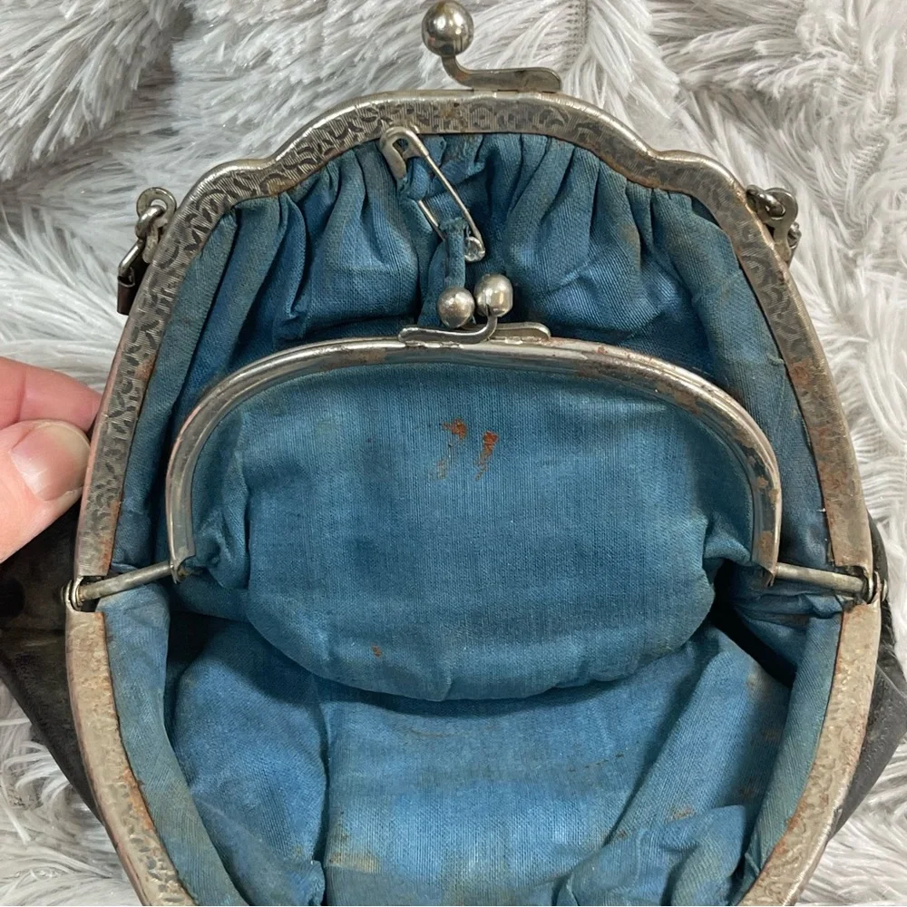 Vintage Black Leather Clutch, Silver Frame With Details, No Strap, Blue Lining